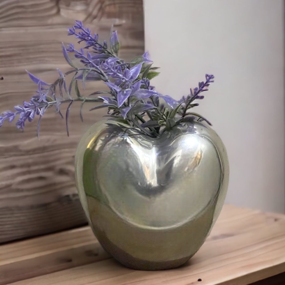 Puffed Heart Polished Silver Tone Cast Aluminum Alloy Planter Vase